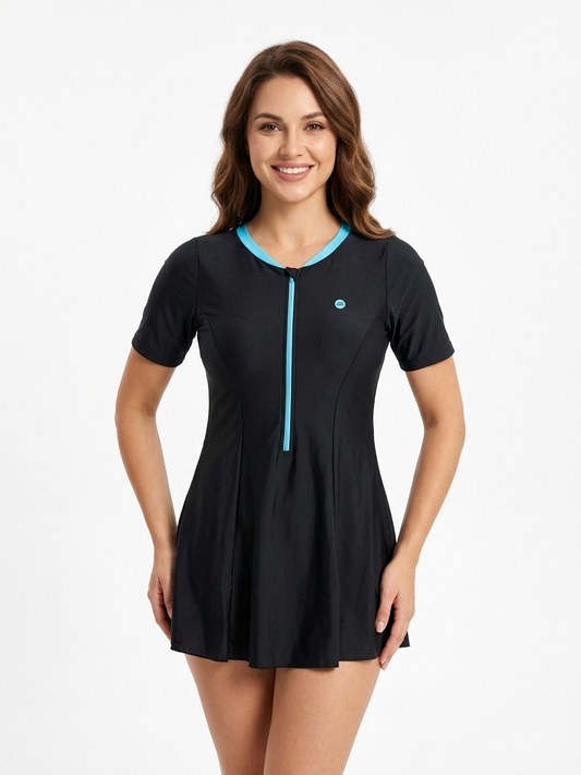 Lactra Women’s Closed Back Swimdress 574 | Short Sleeve Front Zip | Padded Support Modest Swimwear Pl01 08