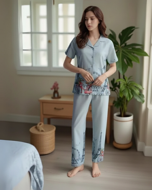 Fablush Women’s Front Open Nightsuit | Rayon Nightwear Set with Notch Collar, Half Sleeves & Flared Pants | Fb17023