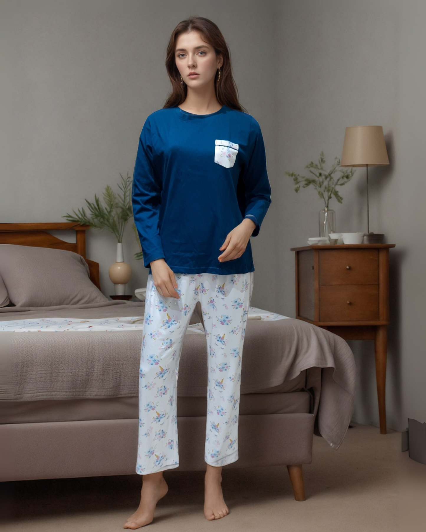 Fablush Womens Pj Set Full Sleeves Nightwear | 100 % Cotton & Luxe Satin Lycra | Fb14119