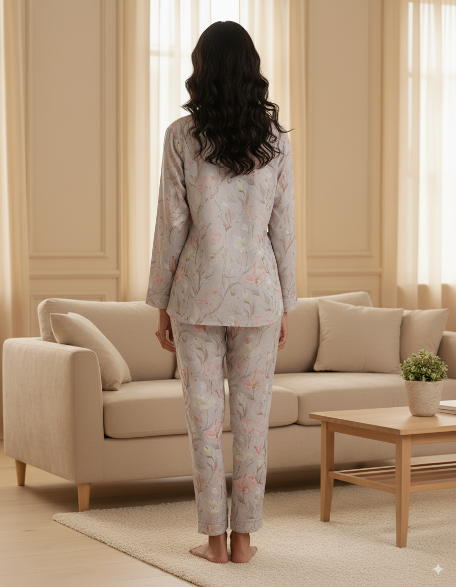 Fablush Women’s Front Open Nightsuit | Full Sleeves, Notch Collar & Flared Pant | FB17021