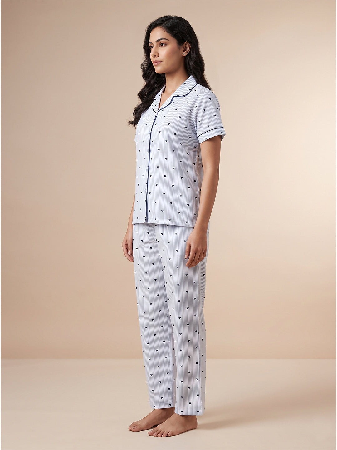 Fablush Women's 100% Cotton Front Open Nightsuit | Sky Blue Striped Button-Down Pyjama Set | FB17037 Sky Blue Stripe