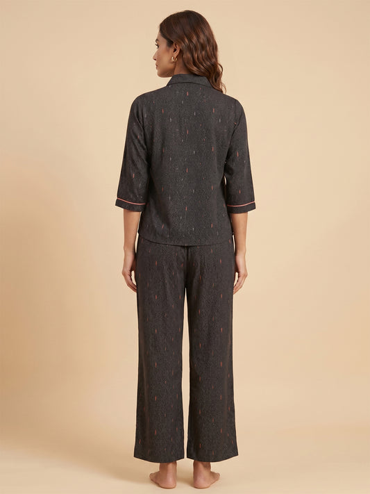 Fablush Front Open Full Sleeves Nightsuit Women's Nightwear Set | Fb17105 Black Dot
