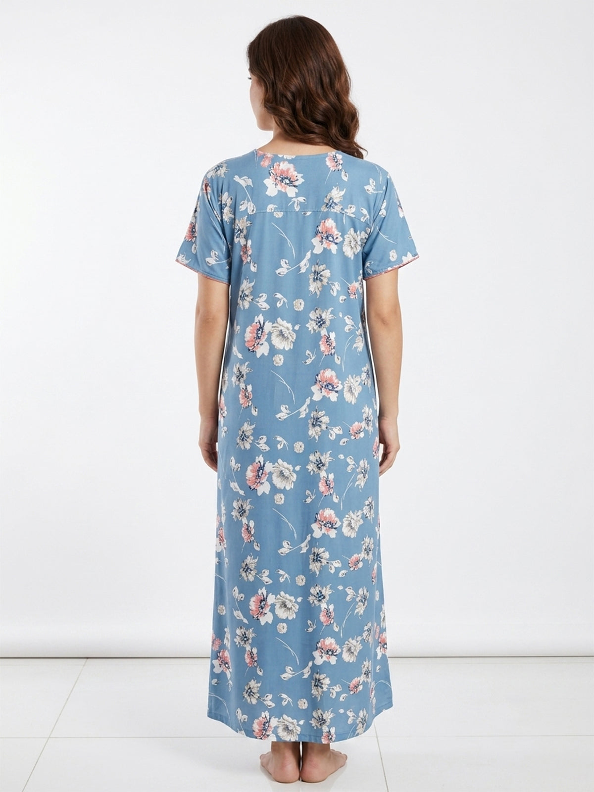Fablush Women's Polyester Viscose Lycra Long Nighty | Blue Printed Maxi Nightgown | FB18023 Blue Print
