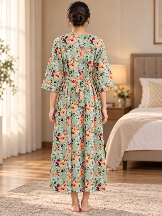 Fablush Women's Maternity Feeding Nighty | Printed Long Nursing Nightgown | FB18024