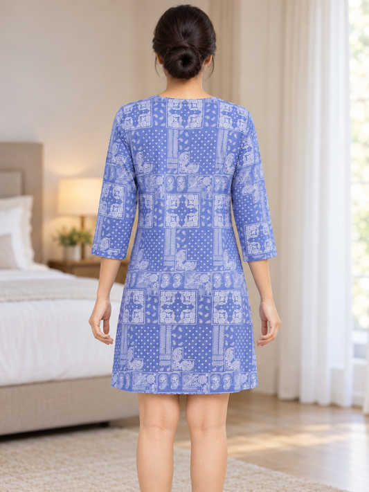 Fablush Women's 100% Cotton Short Nighty | Blue Printed Knee Length Nightdress | FB19006