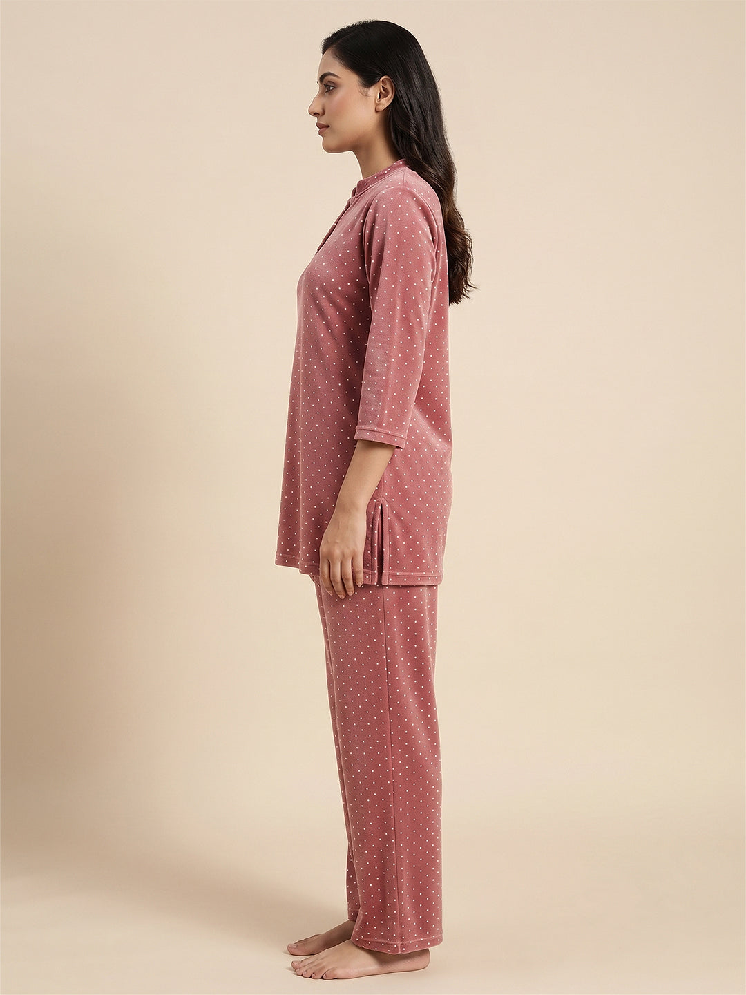 Fablush Women’s Kurti Nightsuit Full Sleeves Set | Printed Velour | Fb35003 Brown Polka Dot
