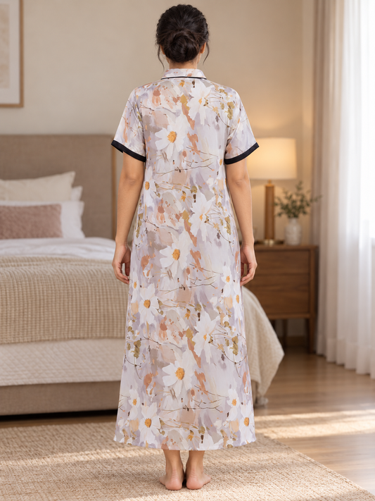 Fablush Women's Satin Long Nighty | Golden Printed Bridal Nightwear | FB509