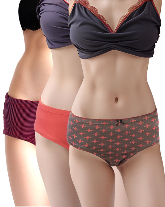Fablush Women's Hipster Panty Pack | Cotton Lycra | 2 Printed and 1 Solid Color | FBHP01