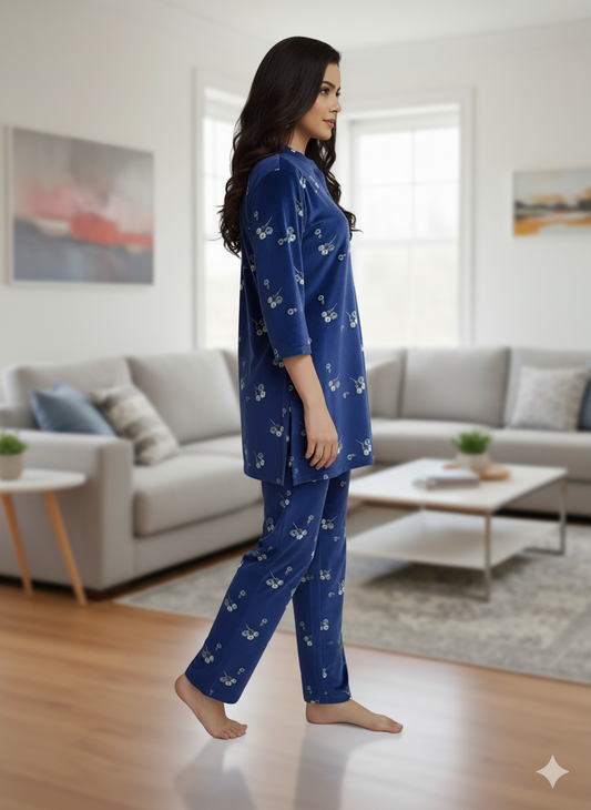 Fablush Women’s Kurti Nightsuit Full Sleeves Set | Printed Velour | Fb35004