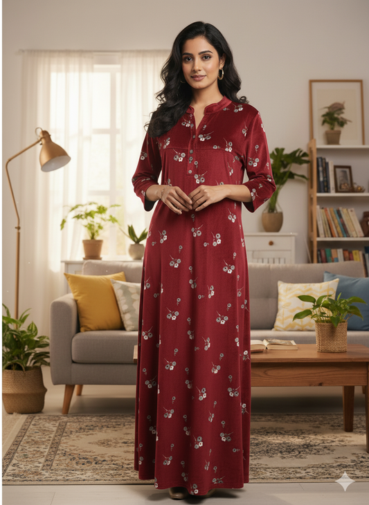 Fablush Women’s Nighty Full Sleeves | Nightwear | Velour | Fb38002