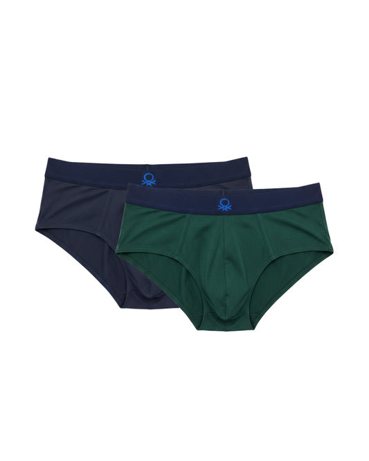 Benetton Men’s Cotton Elastane Brief 01C3096ula06i Pack of 2 | 93% Cotton 7% Elastane Stretch Underwear Bottle Green Navy