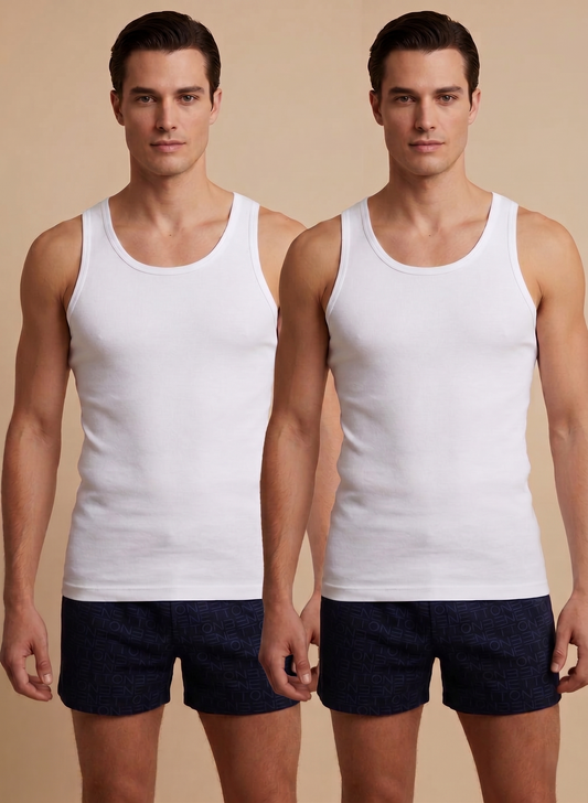 Benetton Men’s 100% Cotton Vest | Pack of 2 Vest | 01C3vest0a01i | Soft Breathable Innerwear White