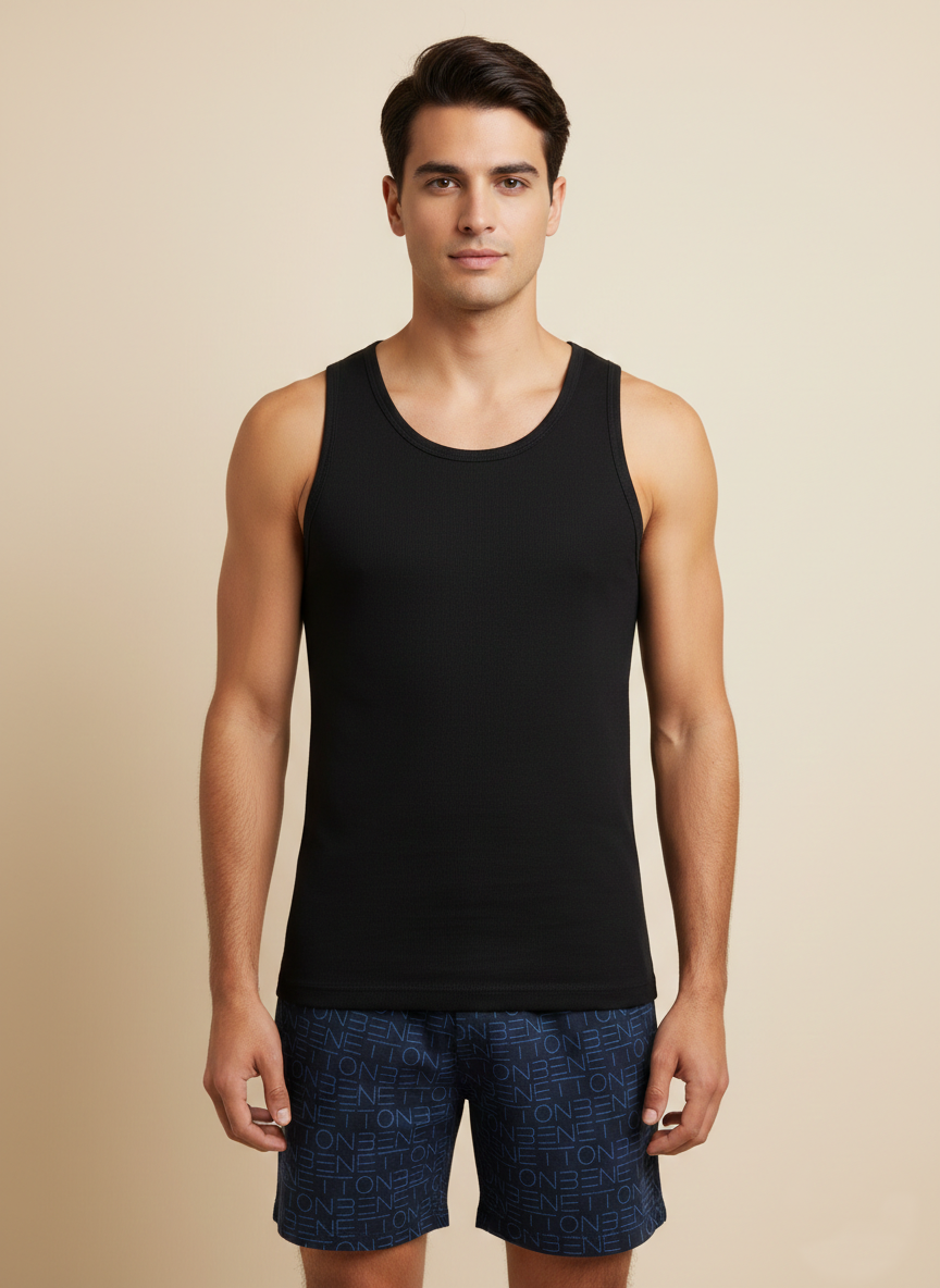 Benetton Men’s 100% Cotton Vest 01C3vest0a05i | Soft Breathable Sleeveless Innerwear Black
