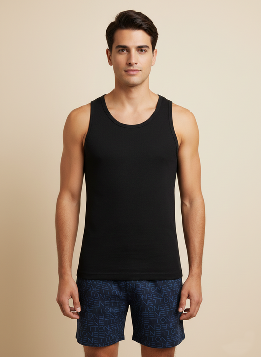 Benetton Men’s 100% Cotton Vest 01C3vest0a05i | Soft Breathable Sleeveless Innerwear Black