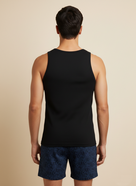 Benetton Men’s 100% Cotton Vest 01C3vest0a05i | Soft Breathable Sleeveless Innerwear Black