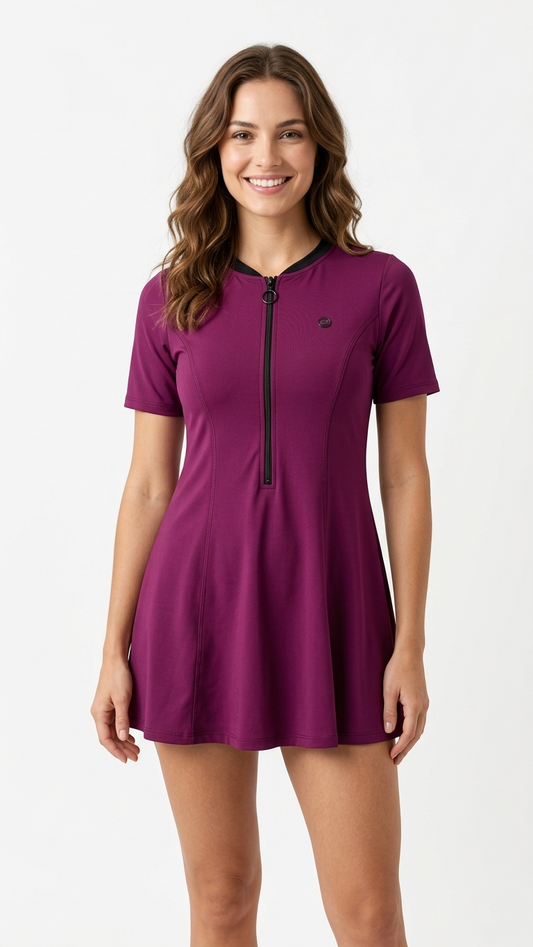 Lactra Women’s Closed Back Swimdress 574 | Short Sleeve Front Zip | Padded Support Modest Swimwear Pl030 001