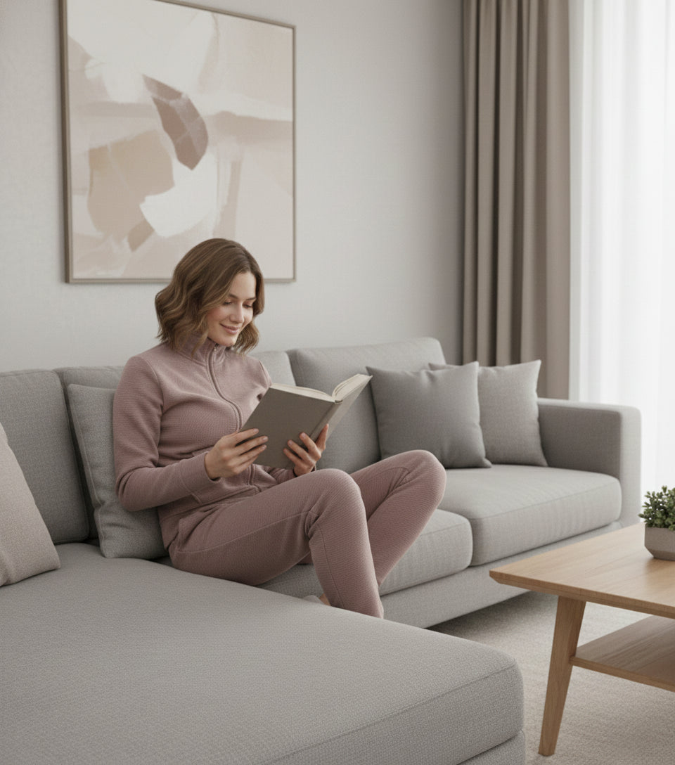 Woman reading a book on a gray sofa in a modern living room.