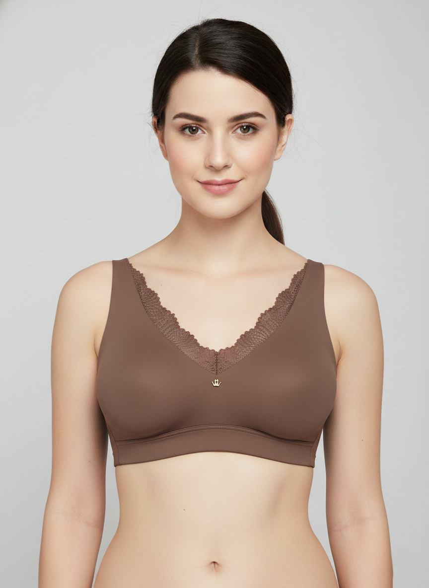 Triumph 100I631 Soft Touch Wire-Free Bra | Lightly Padded | Lace Neckline Everyday Comfort Bra Rose Brown