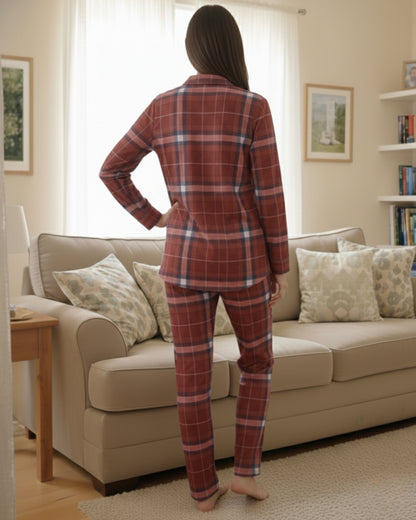 Vieviana Front Open Full Sleeves Nightwear | Soft Cotton Button-Down Night Suit | EV17104 Maroon Checks