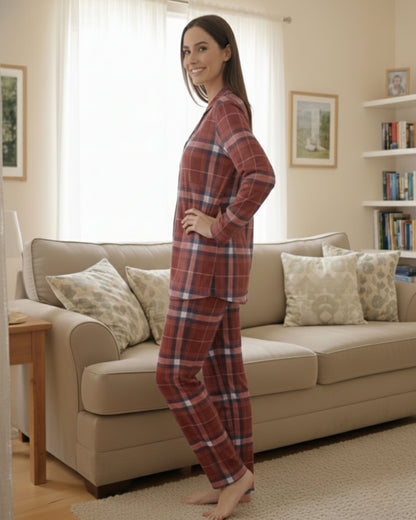 Vieviana Front Open Full Sleeves Nightwear | Soft Cotton Button-Down Night Suit | EV17104 Maroon Checks