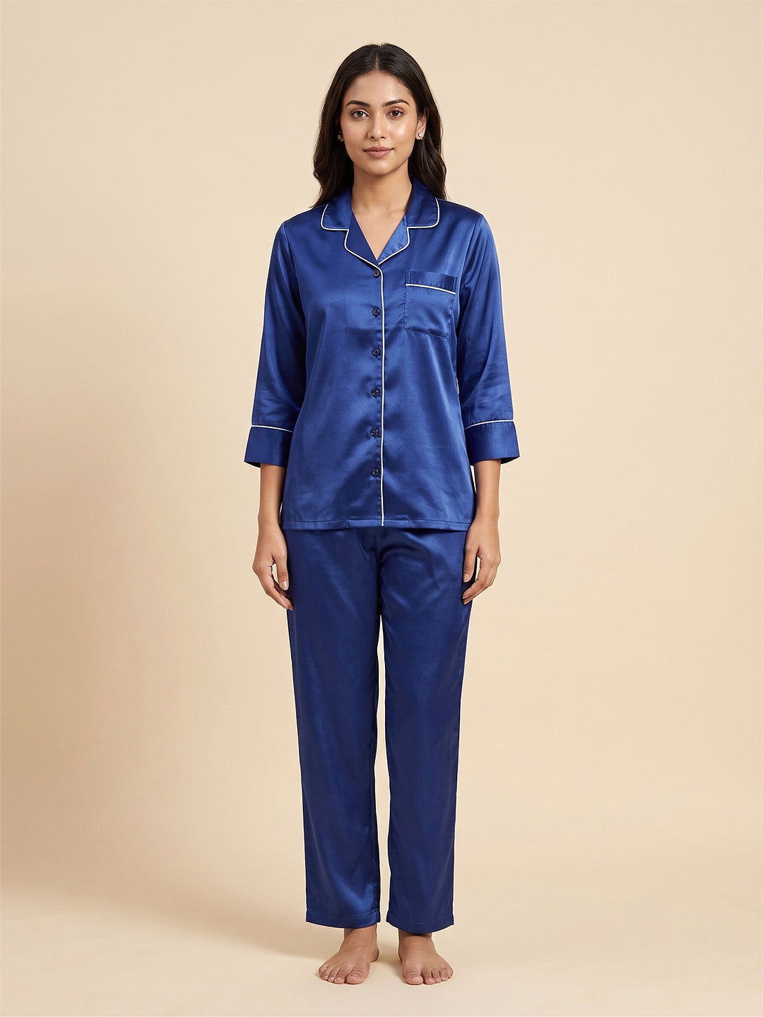 Fablush Women's Satin Nightsuit Bridal Nightwear | Luxe Satin | EV501 Blue