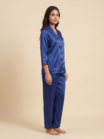 Fablush Women's Satin Nightsuit Bridal Nightwear | Luxe Satin | EV501 Blue