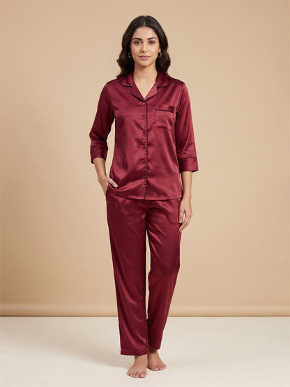 Fablush Women's Satin Nightsuit Bridal Nightwear | Luxe Satin | EV501 Red