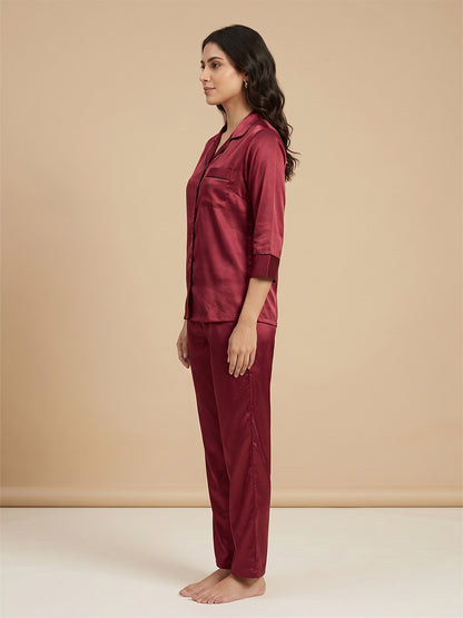 Fablush Women's Satin Nightsuit Bridal Nightwear | Luxe Satin | EV501 Red