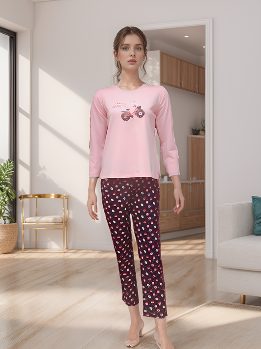 Vieviana Women's Cotton Bike Printed Stylish Night Suit Set of Top & Pajama Ev14102