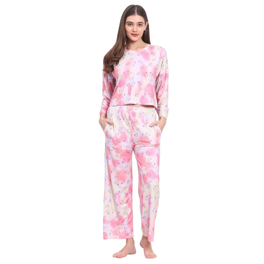 Vieviana Women's Cotton Heart Printed Stylish Night Suit Set of Top & Pyjama Ev16101