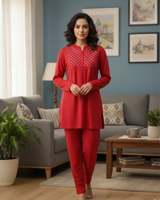 Vieviana Women’s Winter Kurti Nightsuit | Warm Nightwear Set | Cozy Winter Fabric | EV5003