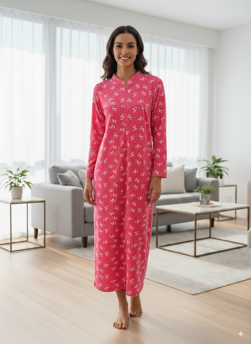 Vieviana Women’s Full Sleeves Nighty | Winter Warm Nightwear | Cozy Soft Fabric | EV5004 Pink Floral Print