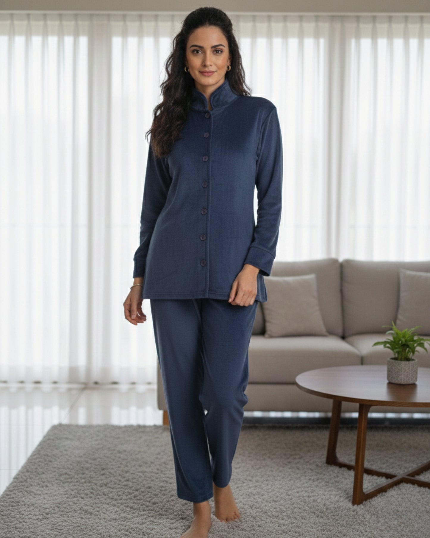 Vieviana Front Open Full Sleeves Nightwear for Women | Soft Cotton Comfort Night Suit | EV5007 Grey Navy