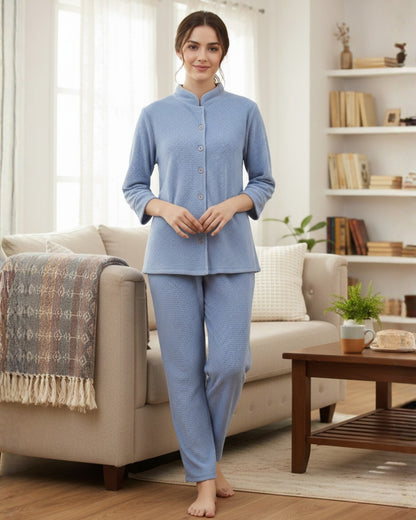 Vieviana Front Open Full Sleeves Nightwear for Women | Soft Cotton Comfort Night Suit | EV5007 Light Sky Blue