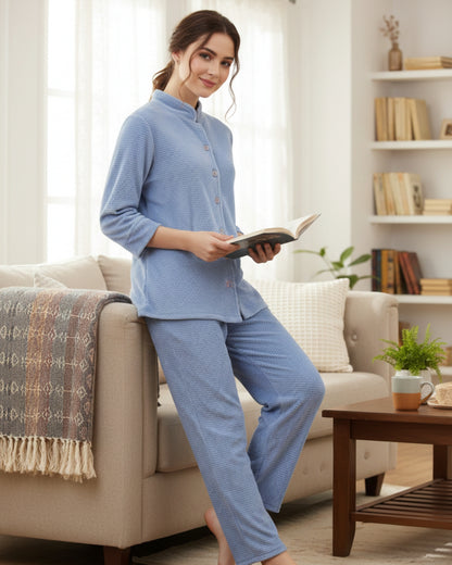 Vieviana Front Open Full Sleeves Nightwear for Women | Soft Cotton Comfort Night Suit | EV5007 Onion Pink