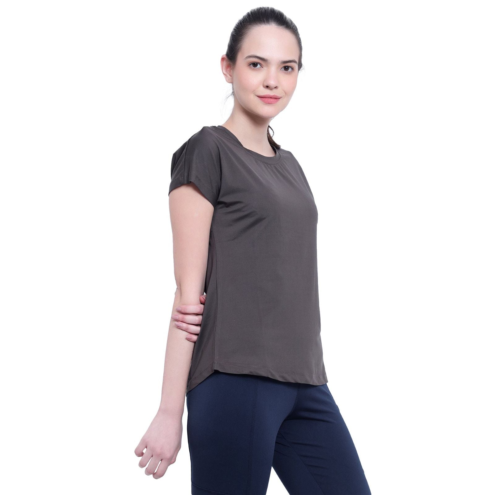 Evian Solid Women Round Neck Grey T-Shirt- 