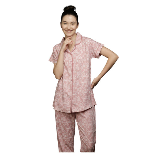 Evian women printed pink shirt & pyjama set  Ev17012- 
