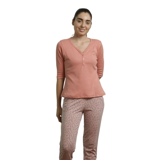 Evian women solid beige top & pyjama set  Ev14007- 