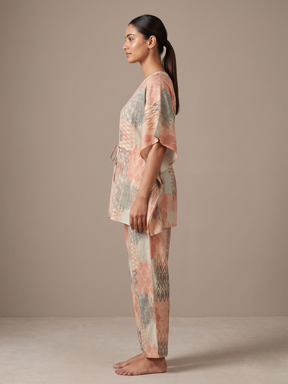 Fablush Women’s Rayon Short Kaftan Co-Ord Set | Soft Breathable Lounge Wear | FB15018 Peach Print