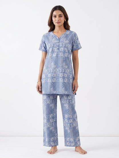 Fablush Women's 100% Cotton Kurti Nightsuit | Blue Printed Kurta Pyjama Set | FB15020 Blue Print