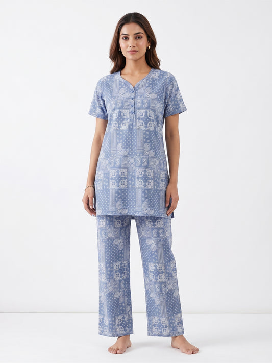 Fablush Women's 100% Cotton Kurti Nightsuit | Blue Printed Kurta Pyjama Set | FB15020