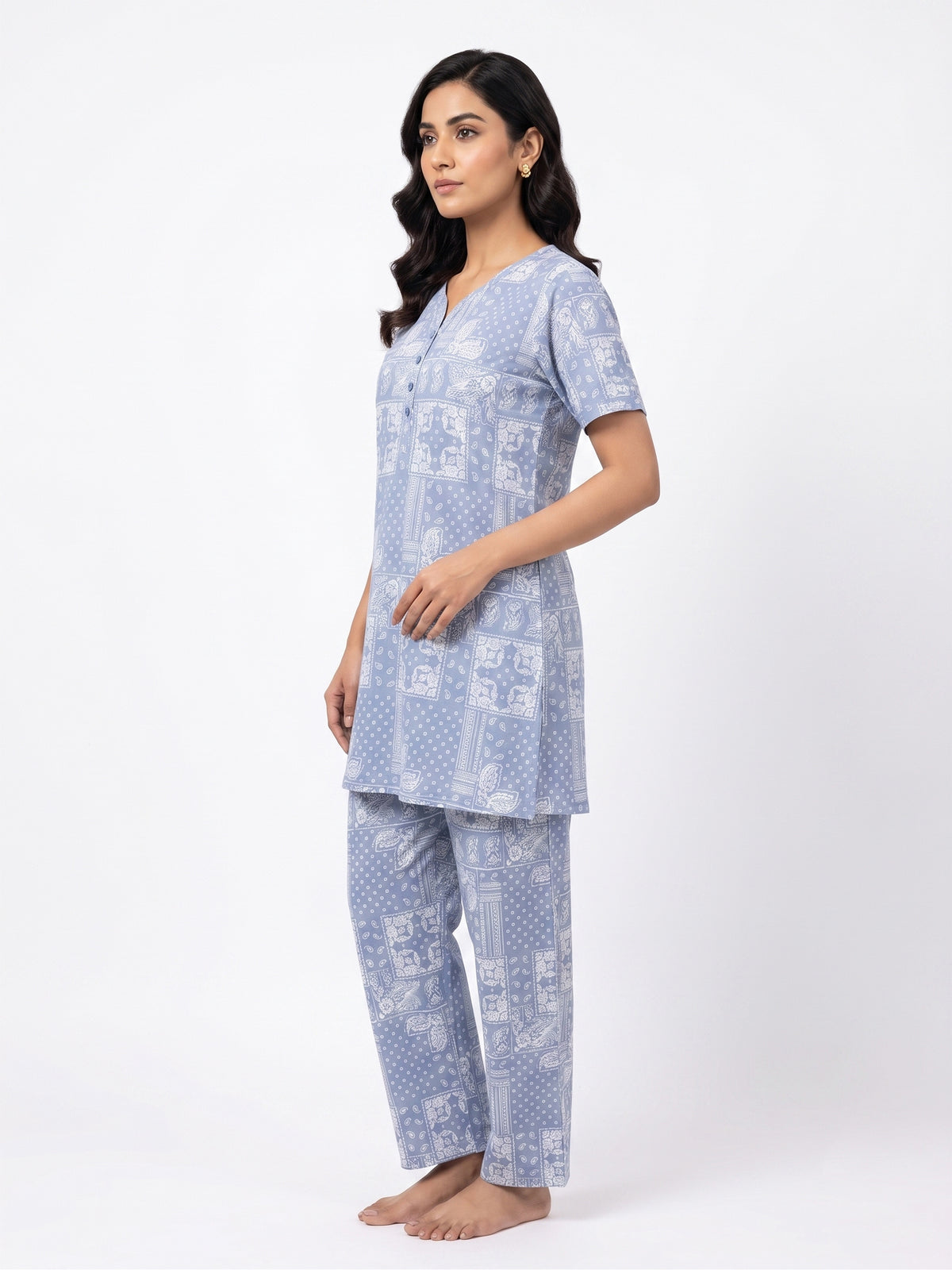 Fablush Women's 100% Cotton Kurti Nightsuit | Blue Printed Kurta Pyjama Set | FB15020 Blue Print
