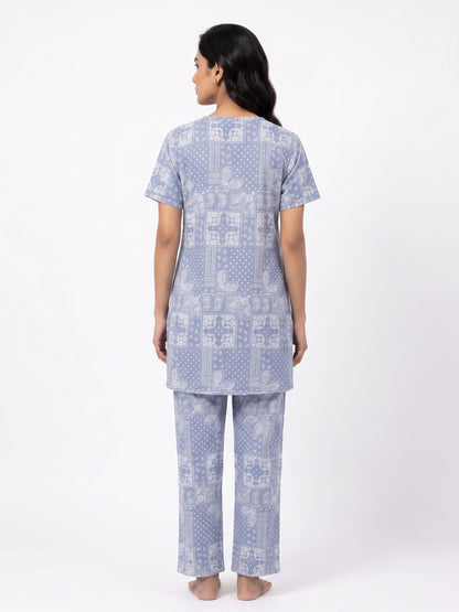 Fablush Women's 100% Cotton Kurti Nightsuit | Blue Printed Kurta Pyjama Set | FB15020 Blue Print