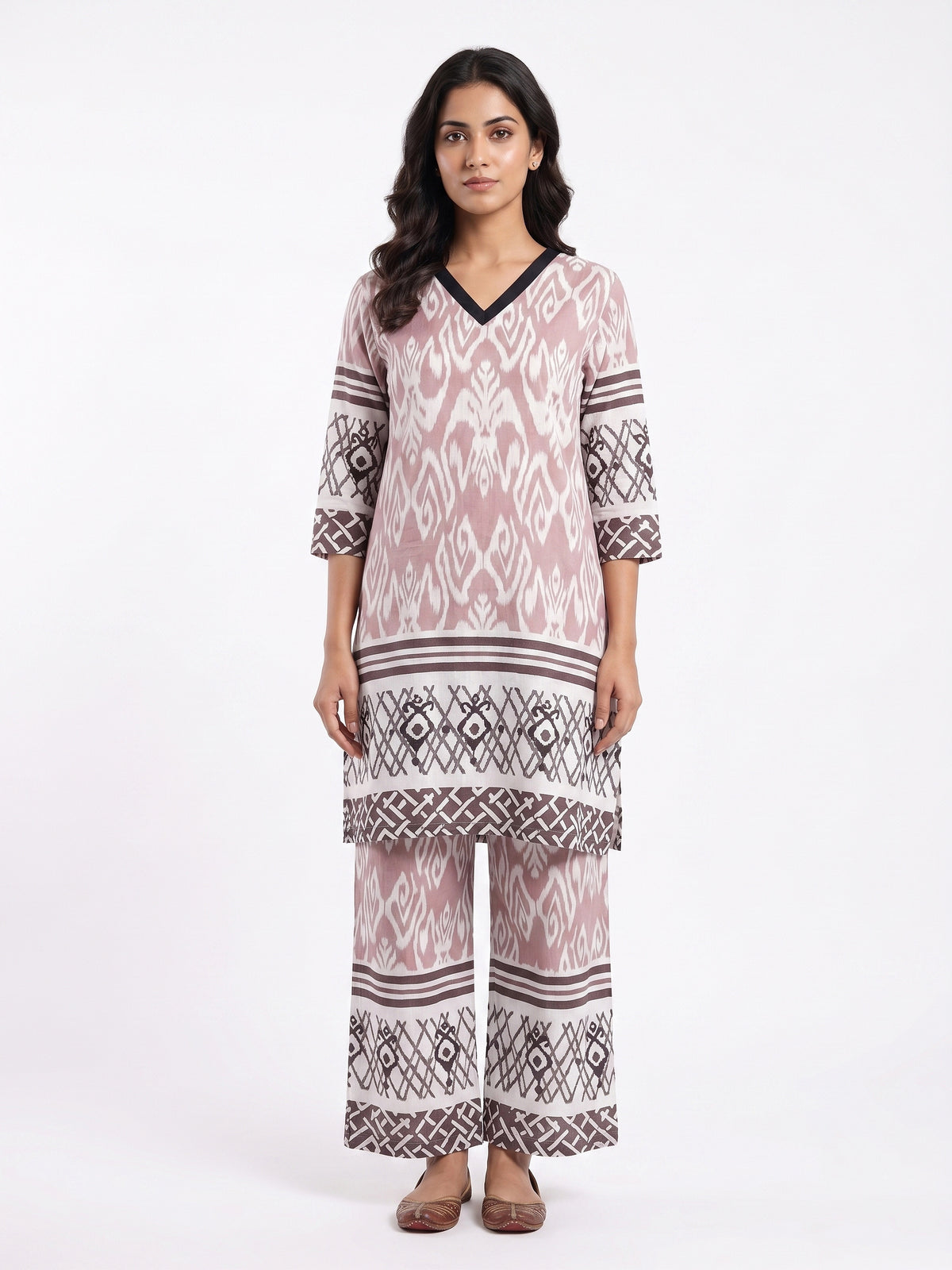 Fablush Women's Cotton Rich Kurti Nightsuit Full Sleeves | Printed Long Kurta Pyjama Set | FB15106 Brown Print