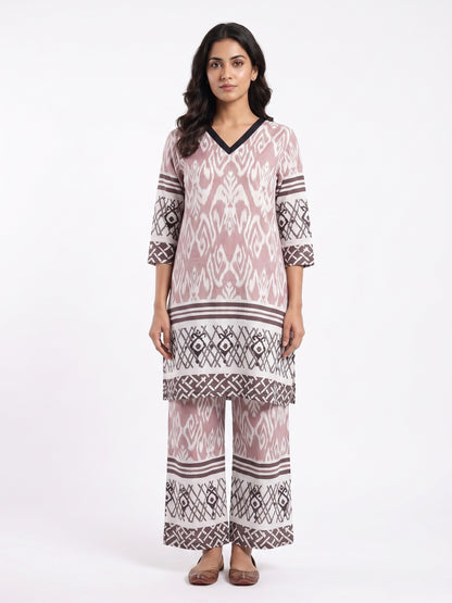 Fablush Women's Cotton Rich Kurti Nightsuit Full Sleeves | Printed Long Kurta Pyjama Set | FB15106 Brown Print
