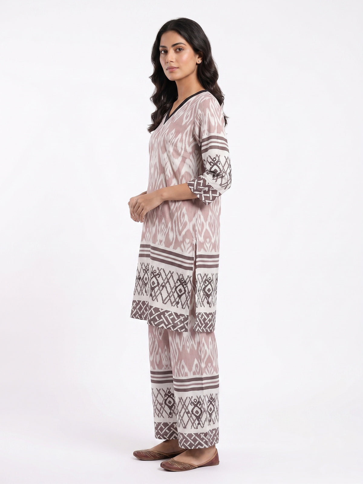 Fablush Women's Cotton Rich Kurti Nightsuit Full Sleeves | Printed Long Kurta Pyjama Set | FB15106 Brown Print