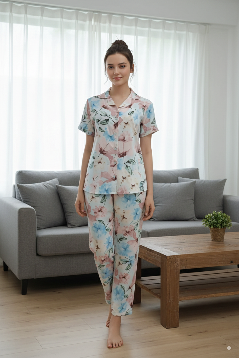 Fablush Women's Front Open Nightsuit | Fb17017 Beige Floral Print
