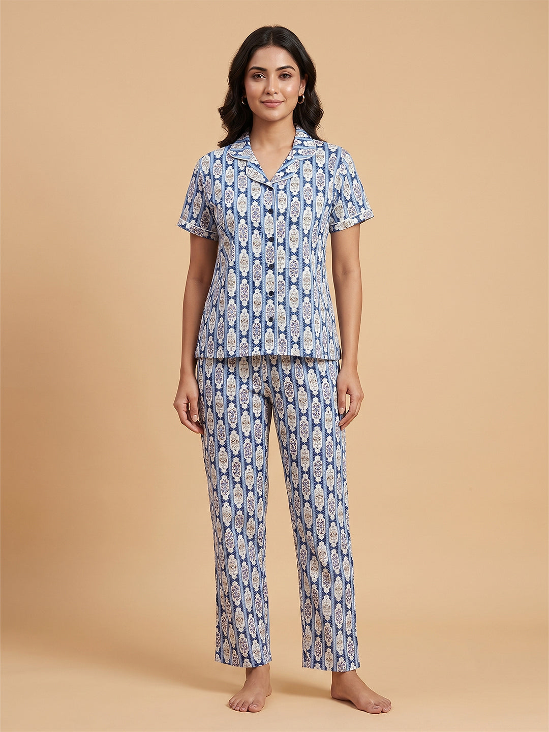 Fablush Women's 100% Cotton Front Open Full Sleeves Nightsuit | Pink Striped Button-Down Pyjama Set | FB17120 Pink Stripe Printed