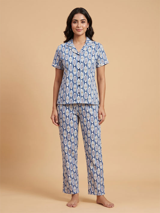 Fablush Women's 100% Cotton Front Open Full Sleeves Nightsuit | Pink Striped Button-Down Pyjama Set | FB17120