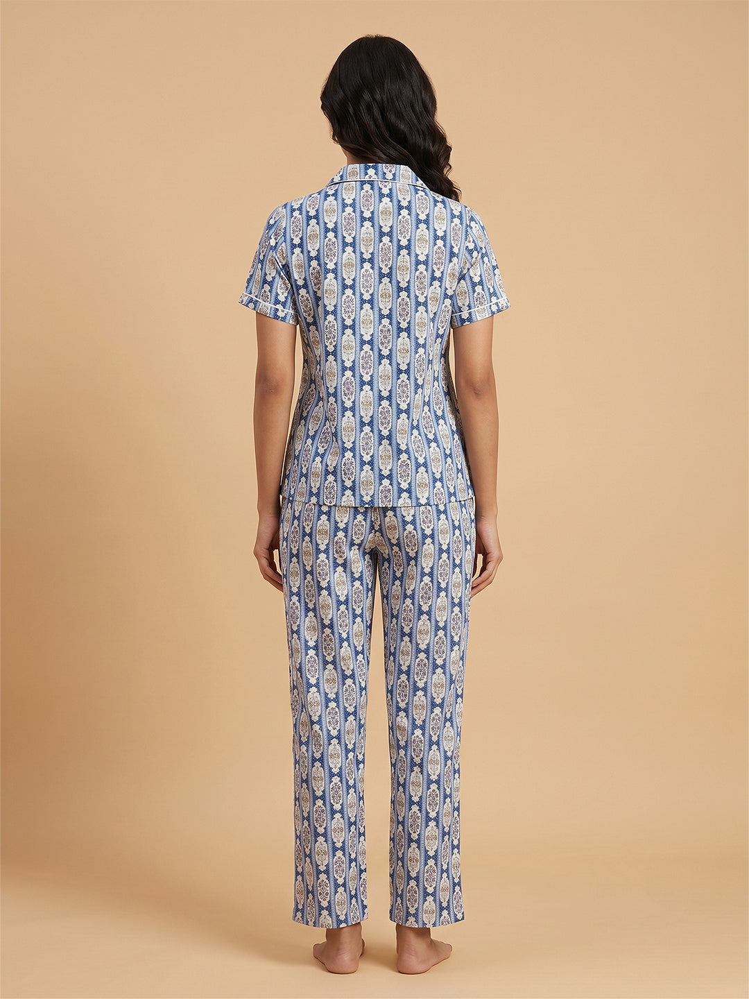 Fablush Women's 100% Cotton Front Open Full Sleeves Nightsuit | Pink Striped Button-Down Pyjama Set | FB17120 Pink Stripe Printed